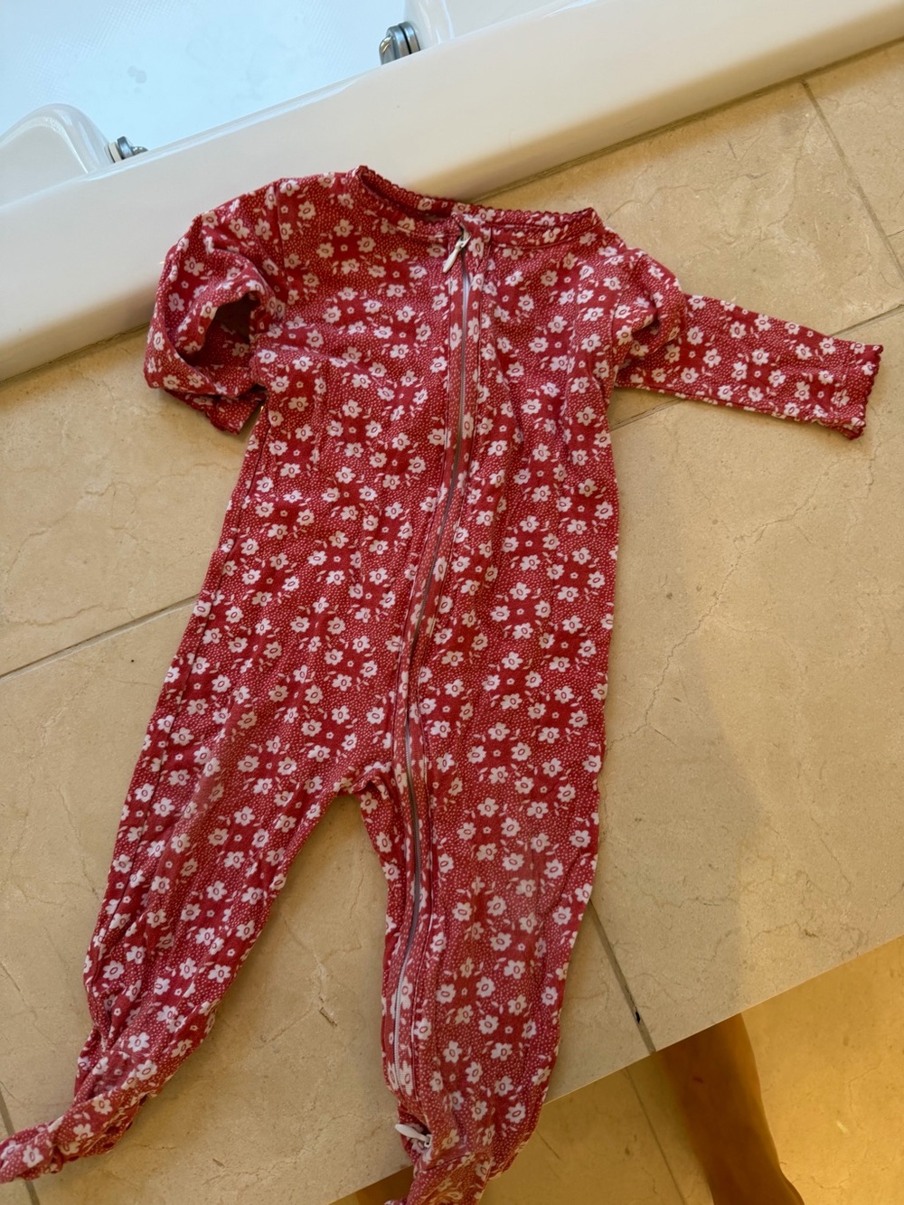 Red Floral Zip Front Baby Footed One-Piece